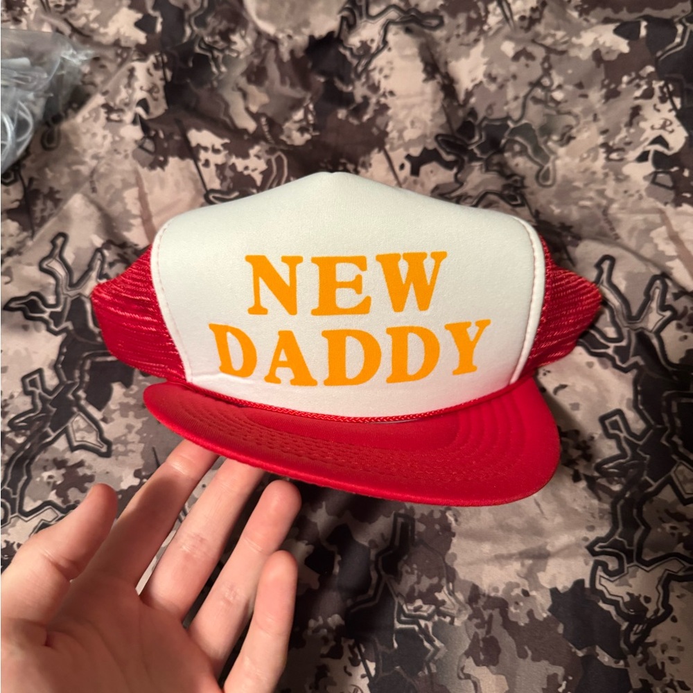 Red and White Trucker Hat with 'New Daddy' Print